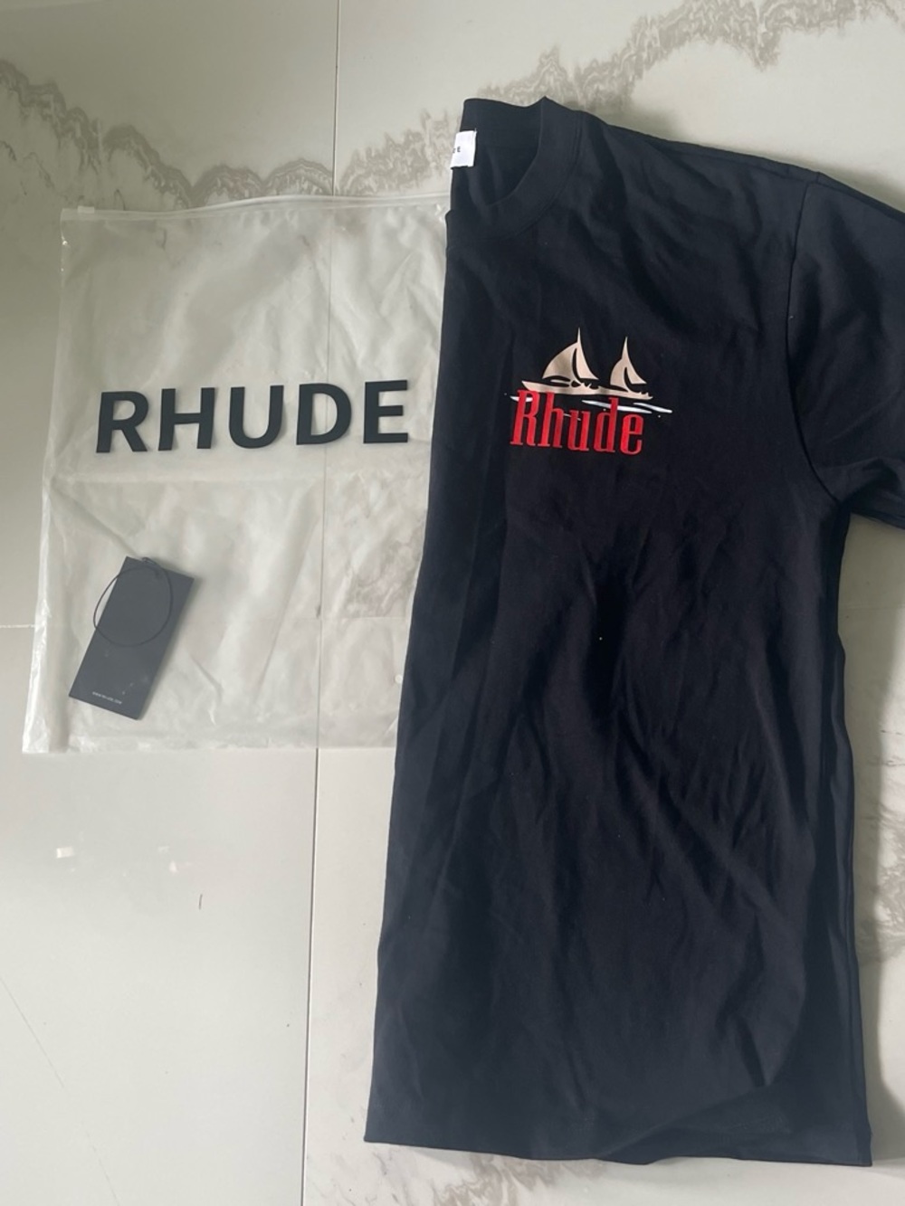 Rhude Black Tee with Red and Cream Sail Graphic